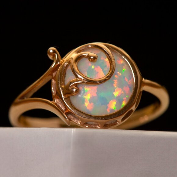 Stunning Vintage 14K Rose Gold Opal Ring, Gold LAB Opal Ring Sz6.75, Custom Made - Picture 5 of 11